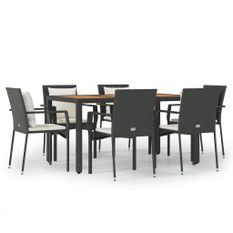 Ensemble à manger de jardin coussins 7pcs Noir Résine tressée
