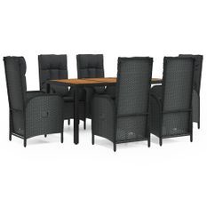 Ensemble à manger de jardin coussins 7pcs Noir Résine tressée