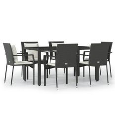 Ensemble à manger de jardin coussins 7pcs Noir Résine tressée