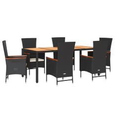 Ensemble à manger de jardin coussins 7pcs Noir Résine tressée