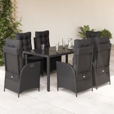 Ensemble à manger de jardin coussins 7pcs Noir Résine tressée