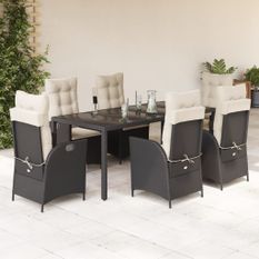 Ensemble à manger de jardin coussins 7pcs Noir Résine tressée