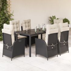 Ensemble à manger de jardin coussins 7pcs Noir Résine tressée