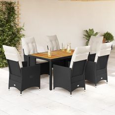 Ensemble à manger de jardin coussins 7pcs Noir Résine tressée