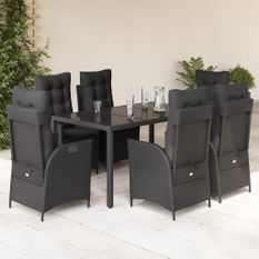 Ensemble à manger de jardin coussins 7pcs Noir Résine tressée