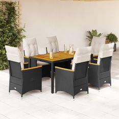 Ensemble à manger de jardin coussins 7pcs Noir Résine tressée