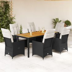 Ensemble à manger de jardin coussins 7pcs Noir Résine tressée