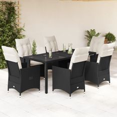 Ensemble à manger de jardin coussins 7pcs Noir Résine tressée