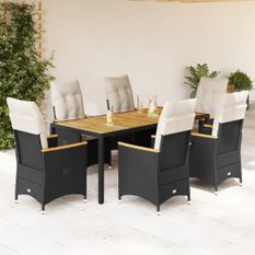 Ensemble à manger de jardin coussins 7pcs Noir Résine tressée