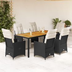 Ensemble à manger de jardin coussins 7pcs Noir Résine tressée