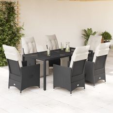 Ensemble à manger de jardin coussins 7pcs Noir Résine tressée