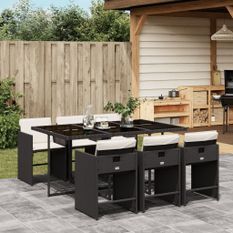 Ensemble à manger de jardin coussins 7pcs Noir Résine tressée