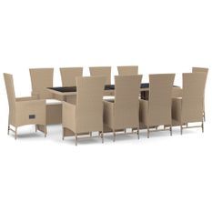 Ensemble à manger de jardin et coussins 11 pcs beige poly rotin