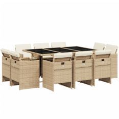 Ensemble à manger de jardin et coussins 11 pcs beige poly rotin