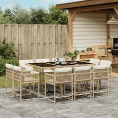 Ensemble à manger de jardin et coussins 11 pcs beige poly rotin