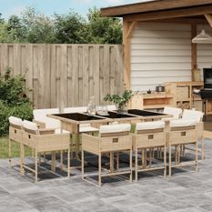 Ensemble à manger de jardin et coussins 11 pcs beige poly rotin