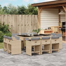 Ensemble à manger de jardin et coussins 11 pcs mélange beige