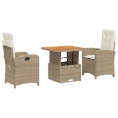 Ensemble à manger de jardin et coussins 3 pcs Beige poly rotin
