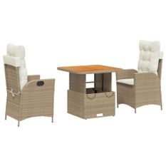 Ensemble à manger de jardin et coussins 3 pcs Beige poly rotin