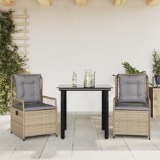 Ensemble à manger de jardin et coussins 3 pcs Beige poly rotin