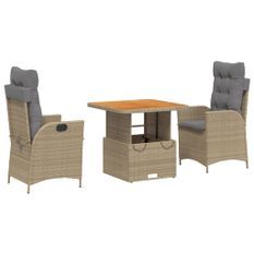 Ensemble à manger de jardin et coussins 3 pcs Beige poly rotin