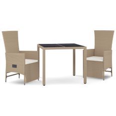 Ensemble à manger de jardin et coussins 3 pcs Beige poly rotin