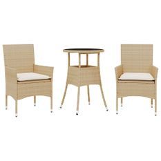 Ensemble à manger de jardin et coussins 3 pcs beige rotin verre