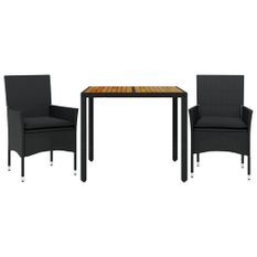 Ensemble à manger de jardin et coussins 3 pcs noir rotin acacia