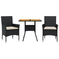 Ensemble à manger de jardin et coussins 3 pcs noir rotin acacia