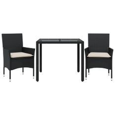 Ensemble à manger de jardin et coussins 3 pcs noir rotin verre