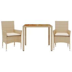 Ensemble à manger de jardin et coussins 3pcs beige rotin acacia