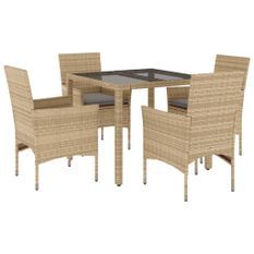 Ensemble à manger de jardin et coussins 5 pcs beige rotin verre