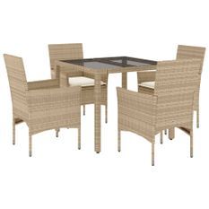 Ensemble à manger de jardin et coussins 5 pcs beige rotin verre