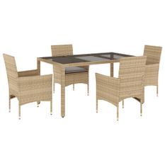 Ensemble à manger de jardin et coussins 5 pcs beige rotin verre