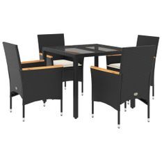 Ensemble à manger de jardin et coussins 5 pcs noir rotin verre