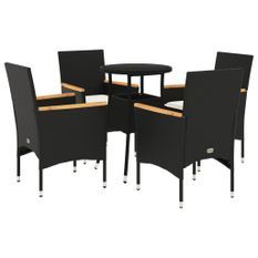 Ensemble à manger de jardin et coussins 5 pcs noir rotin verre