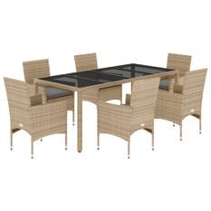 Ensemble à manger de jardin et coussins 7 pcs beige rotin verre