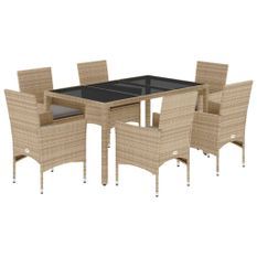 Ensemble à manger de jardin et coussins 7 pcs beige rotin verre