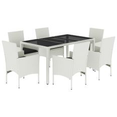 Ensemble à manger de jardin et coussins 7 pcs blanc rotin verre