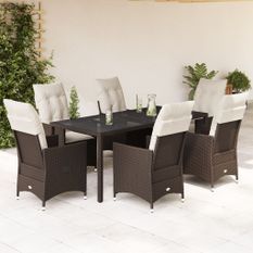 Ensemble à manger de jardin et coussins 7 pcs marron rotin