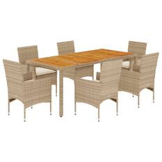 Ensemble à manger de jardin et coussins 7pcs beige rotin acacia