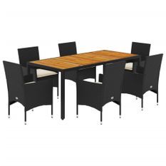 Ensemble à manger de jardin et coussins 7pcs noir rotin acacia