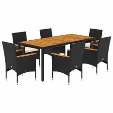 Ensemble à manger de jardin et coussins 7pcs noir rotin acacia