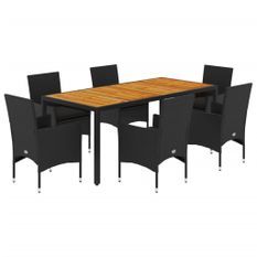 Ensemble à manger de jardin et coussins 7pcs noir rotin acacia