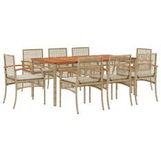 Ensemble à manger de jardin et coussins 9 pcs beige Poly rotin