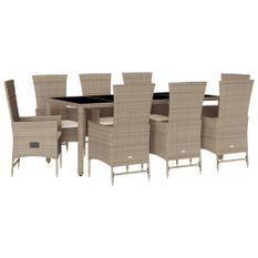 Ensemble à manger de jardin et coussins 9 pcs beige Poly rotin