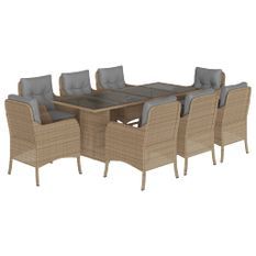 Ensemble à manger de jardin et coussins 9 pcs beige Poly rotin