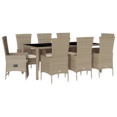 Ensemble à manger de jardin et coussins 9 pcs beige Poly rotin