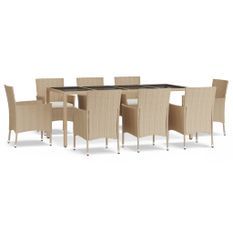 Ensemble à manger de jardin et coussins 9 pcs beige Poly rotin