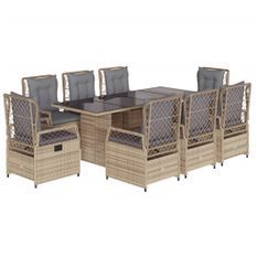 Ensemble à manger de jardin et coussins 9 pcs beige Poly rotin